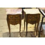 Pair Continental inlaid marble topped and ormolu mounted two drawer serpentine front pedestals,