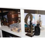 Copper coal bin, two garden gnomes, mining ornaments, chess pieces, barometer, Beswick horses,