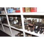 Victorian and later copper and brassware, assorted metalware, kitchen scales, flat irons,