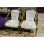 Pair Edwardian inlaid rosewood occasional armchairs.
