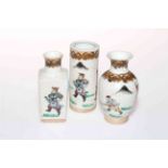 Three miniature crackle glaze vases, all decorated with figures and approximately 9cm high.