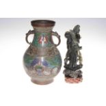 Chinese bronze and enamel vase and green soapstone figure of Guanyin on wooden stand (2).