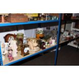 Mantel clocks, figurines, various china and glass, brass and metalware, pocket watches, mirror,