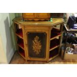 Victorian walnut and ebonised parlour cabinet having marquetry panelled central door flanked by