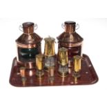 Pair of small 'Starboard' and 'Port' copper ships lamps and six small brass models of miners lamps.