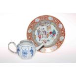 Chinese blue and white teapot and Chinese plate decorated with figures.