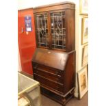 Early 20th Century oak leaded glazed door bureau bookcase.