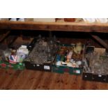 Five boxes of cigarette cards, postcards, oil lamps, green stemmed glasses, stoneware coffee set,