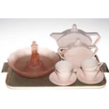 Art Deco ten piece part tea service and Sowerby pink glass seated lady in bowl.