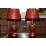 Pair of as new red japanned table lamps and shades.