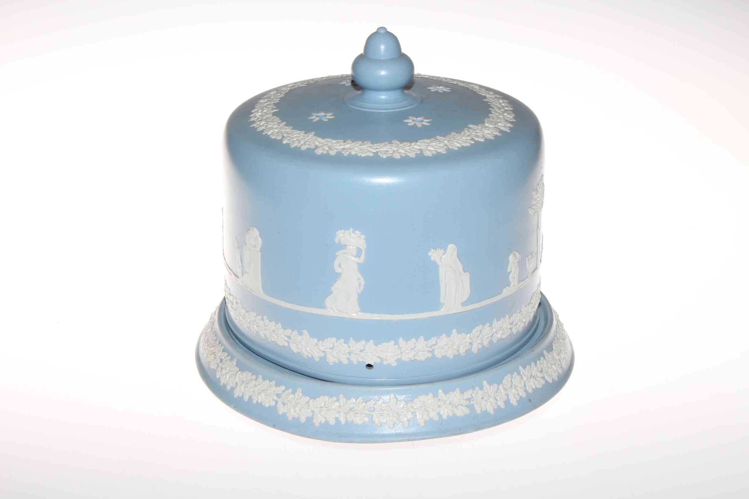 Blue Jasperware pottery stilton dome and stand, 27cm.