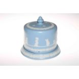 Blue Jasperware pottery stilton dome and stand, 27cm.