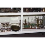 Glass decanters, brass candlesticks, warming pan, silver plate coasters, trays, etc.