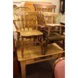 Victorian pine kitchen table, Windsor elbow chair, farmhouse armchair,