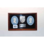 Framed QEII Silver Jubilee Wedgwood plaque with ingots.