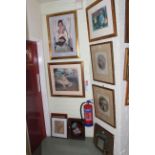 Collection of thirteen various pictures including pair portraits, map print,