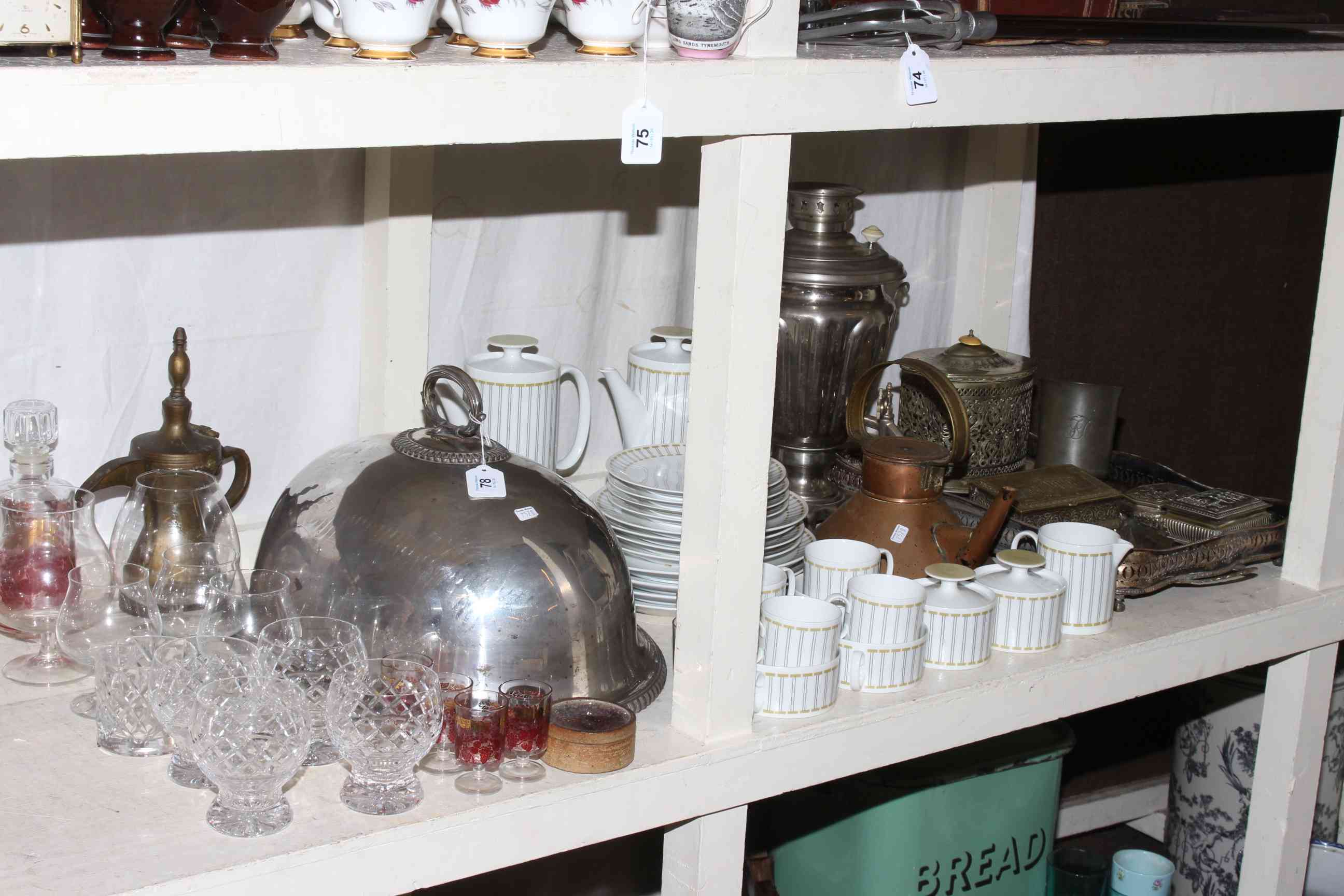 Silver plated meat cover, copper kettle and other metalware, glass, Continental dinner and teaware,