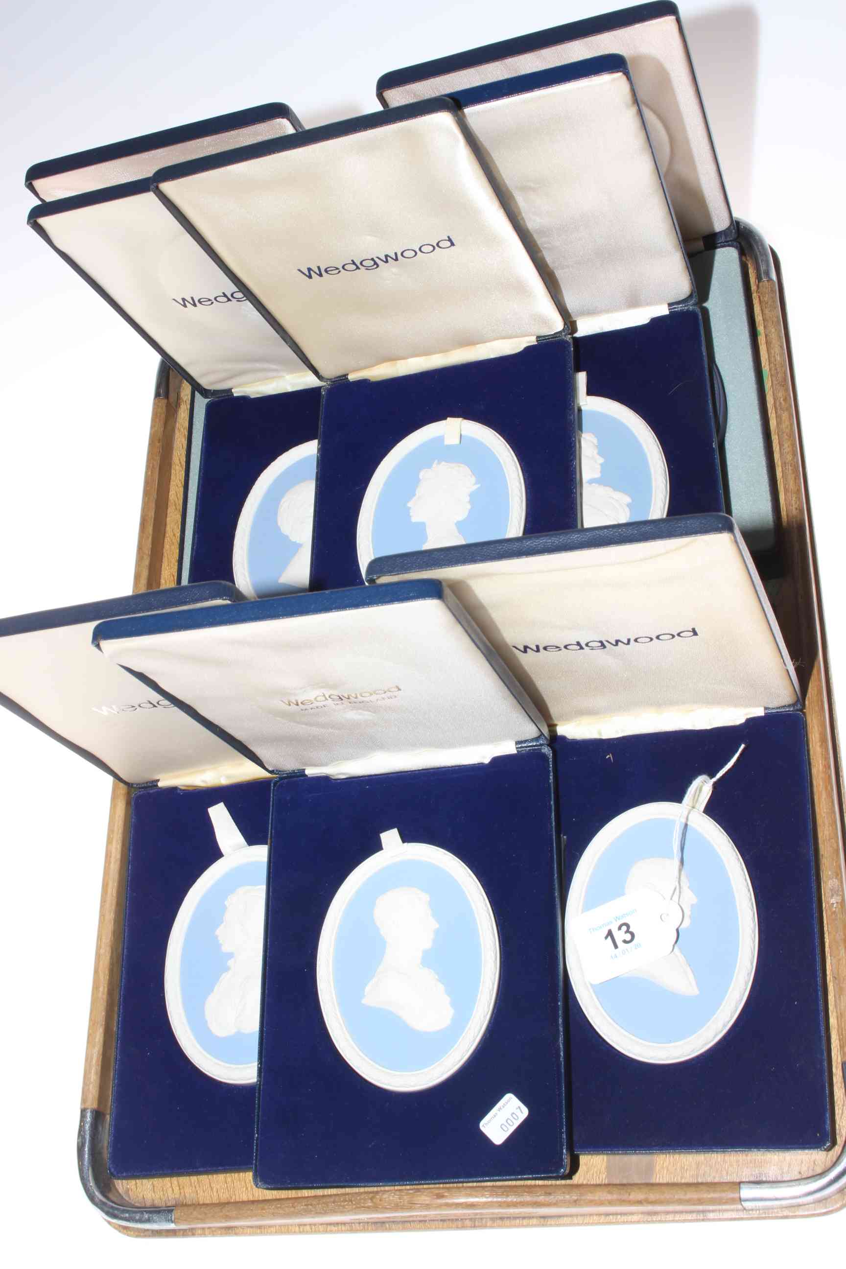 Collection of eight Wedgwood Blue Jasperware plaques.