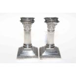 Pair late Victorian silver dwarf corinthian column candlesticks, Sheffield 1889.