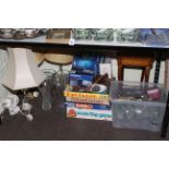 Glass table lamps, vases, paperweight and glasses, vintage games, cameras, pictures, etc.