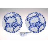 Pair blue and white Oriental plates and pap boat (3).