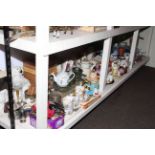 Full shelf of various china, teawares, pair of Staffordshire Spaniels, wristwatches, etc.