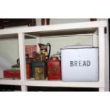 Two enamel bread bins, flour bin and milk jug, signs, vintage tins, etc.