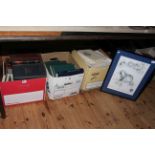 Three boxes of books, unframed prints, signed Time Team print including Tony Robinson, etc.