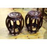 Pair Oriental inlaid hardwood jardiniere stands/stools, 44.5cm high.