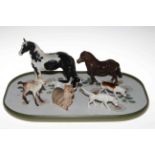 Beswick Pinto horse, Beswick pony, fawn and four dogs.