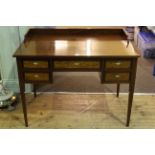 Late 19th/early 20th Century inlaid rosewood five drawer writing table on square tapering legs,
