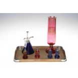 Bohemian gilded ruby glass vase, four overlay glass perfume bottles and blue glass perfume spray.