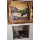C. Brett, oil painting of a cow and gilt framed oil of pigs (2).