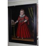 Large portrait of a child in Elizabethan costume, framed, 101cm by 76cm.