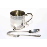 Victorian engraved silver cup on ball feet with matching spoon and fork, by Henry & Henry Lias,
