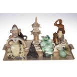 Various Oriental figures, modern bronze censor, soapstone vase, etc.
