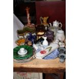 Collection of ceramics including Japanese bottle vase, antique Derby plates, lustre wares, Denby,