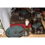 Collection of metalwares including boxed cutlery, binoculars, planter, ships wheel thermometer,