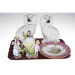 Pair of Staffordshire spaniels, pair of Continental landscape plates and four Continental figures.