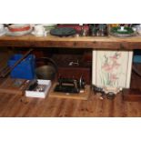 Vintage Singer sewing machine, brass jam pan, soda siphons, prints, thimbles, horse and cart,