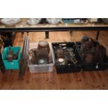Four boxes of assorted lamps, metalware, joinery tools, pictures, vintage camping stoves, etc.