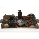 Tray of collectables including small bronzed vase, papier mache box, Oriental pieces,