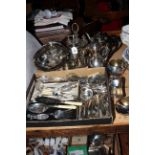 Collection of silver plate including cruet set, teapots, cutlery, etc.