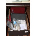Box containing albums and loose stamps.