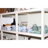Collection of ceramics including Denby, coins, glass bottle, cameras, signed print, mirrors,