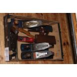 Assorted joiners planes, Spoke shave, gauge and spirit level.