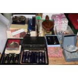 Collection of cased cutlery, Lalique flower, costume jewellery, fans, metalwares, etc.
