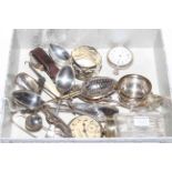 Box with silver fob watch, silver salt and mostly EP spoons, etc.
