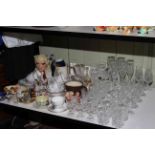 Shelf collection of ceramics and glass including Royal Doulton Mae West character jug,