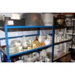 Large shelf collection ceramics including Mason's, commemorative ware, Aynsley, Royal Doulton,